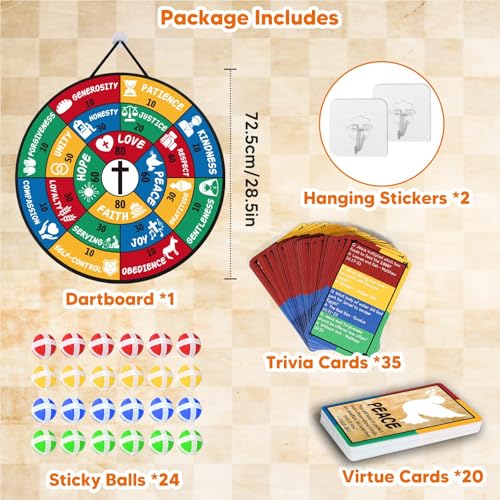 Garybank Bible Trivia Dartboard Game for Kids to Develop Biblical Virtue | 280 Trivia Questions, 20 Christian Virtue Cards, 24 Sticky Balls, Learn Bible Stories and Verses, Youth Group Pastor Ministry