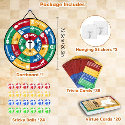 Garybank Bible Trivia Dartboard Game for Kids to Develop Biblical Virtue | 280 Trivia Questions, 20 Christian Virtue Cards, 24 Sticky Balls, Learn Bible Stories and Verses, Youth Group Pastor Ministry