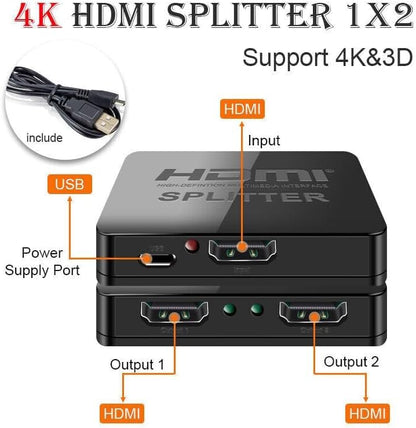 HDMI Splitter 1 in 2 Out, USB Splitters for Dual Monitors, 4k HDMI Switcher High Resolution for Home Theatre, Xbox, DVD, TV, Receiver & Game Devices
