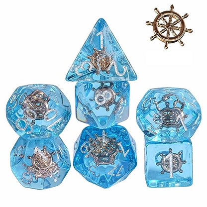 UDIXI 7PCS Polyhedral Dice Set D&D, Blue Rudder DND Dice for Tabletop Games | Velvet Storage Bag, DM Gift, for Dungeons and Dragons Role Playing Games Board Games - color: Ocean/Rudder