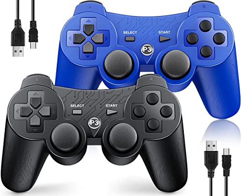 OKHAHA Controller 2 Pack for PS3 Wireless Controller for Sony Playstation 3, Double Shock 3, Bluetooth, Rechargeable, Motion Sensor, Remote for PS3 (With Stripes(Black + Blue)) - color: With Stripes(Black + Blue)