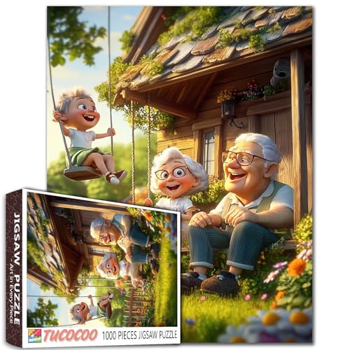 1000 Piece Jigsaw Puzzle for Adults Students Cute Old Couple Sitting On Porch with Boy Swinging in Garden Puzzles Sunny Day Nature Scene Colorful 20×27 Inches Relaxing Educational Jigsaws Game - color: Puzzle-grandma-07