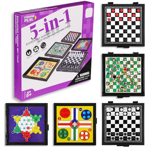 5 in 1 Magnetic Checkers Board Game Set, Travel Chess for Adults Teens | Magnetic Pieces Stay in Place, Compact Folding Board, Camping Trip Game, 5 Classic Games