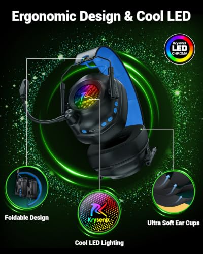 Krysenix Wireless Gaming Headset with Noise Canceling Microphone for PC, PS5, PS4, Switch, Mac, 2.4 GHz Wireless & Bluetooth 5.4 Gaming Headphones, Cool RGB Lighting, 50Hr Battery, 50mm Drivers(Blue) - color: Blue