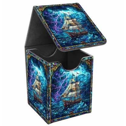 Card Deck Box, Card Storage Box Fits 100+ Single Sleeved Cards, Large Capacity PU Leather Card Storage Box with Strong Magnet for Magic Commander TCG/CCG, Ocean Ship - color: Ocean Ship