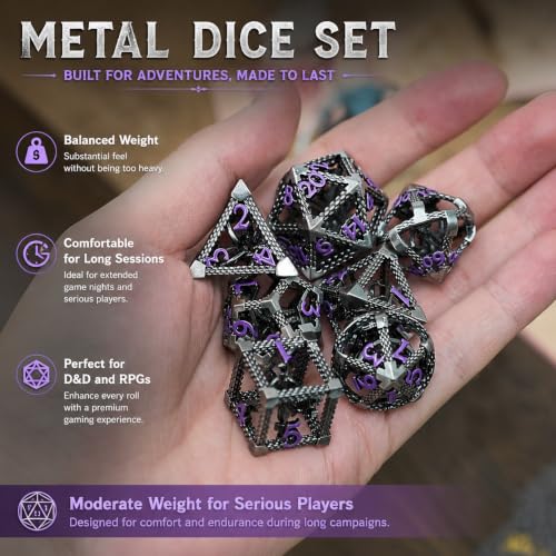 DND Dice Set,3D Octopus Hollow Metal 7-Die,Purple Numbers | Lightweight Copper Dice,Easy-To-Read Numbers,a Gift Box and Velvet Bag for RPG Play,Gifting and Collecting. - color: Cthulhu Purple Number