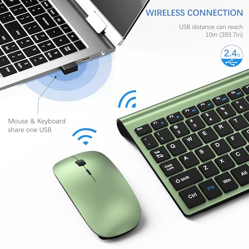Wireless Keyboard and Mouse Ultra Slim Combo, TopMate 2.4G Silent Compact USB 2400DPI Mouse and Scissor Switch Keyboard Set with Cover, Batteries Included, for PC/Laptop/Windows/Mac - Green Black - color: Green Black