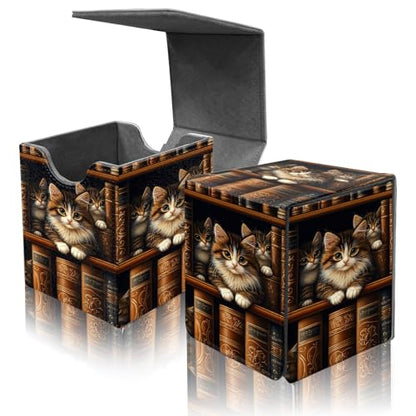Card Deck Box for MTG Commander,Collectible Trading Storage Box Fits 120+ Single Sleeved Cards Magnetic Case PU Leather for Magic Commander TCG CCG MTG,Cute Cat Bookshelf - color: Cute Cat Bookshelf