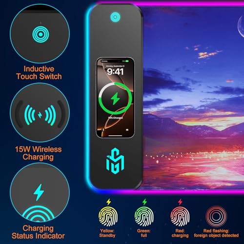 Mouse Pad Gaming Wireless Charging, 800x300x4mm Extended Desk Mat with 10 RGB Light Modes, Non-Slip Rubber Base, Waterproof Computer Keyboard Mat for Gamer, PC, Laptop, Office, Twilight Blue-Purple - color: Twilight Blue-Purple