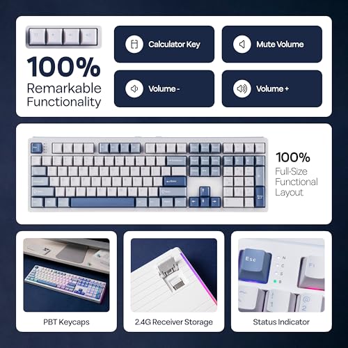 MechLands EPOMAKER TH108 Full Size Mechanical Keyboard, Wireless Gaming Keyboard, 8000mAh Battery, Creamy Gasket, 108 Keys, Hot Swap, Custom Driver, RGB Backlights (Blue&White, Sea Salt Silent Switch) - color: Blue&White, size: Sea Salt Silent Switch
