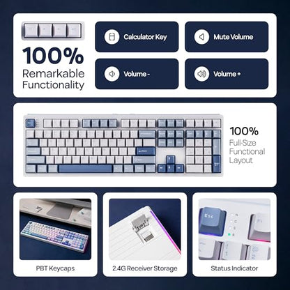 MechLands EPOMAKER TH108 Full Size Mechanical Keyboard, Wireless Gaming Keyboard, 8000mAh Battery, Creamy Gasket, 108 Keys, Hot Swap, Custom Driver, RGB Backlights (Blue&White, Sea Salt Silent Switch) - color: Blue&White, size: Sea Salt Silent Switch