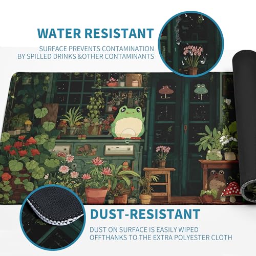 Cute Frog Kawaii Green Mouse Pad Desk Mat XL Extended Large Gaming Desk Pad Mousepad, Green Plant Computer Laptop Keyboard and Mouse Mat, Desktop Protector Mat for Office and Home 31.5x11.8 in - color: Green Bean Frog