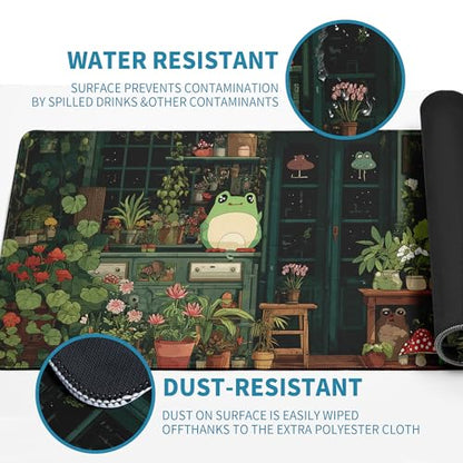Cute Frog Kawaii Green Mouse Pad Desk Mat XL Extended Large Gaming Desk Pad Mousepad, Green Plant Computer Laptop Keyboard and Mouse Mat, Desktop Protector Mat for Office and Home 31.5x11.8 in - color: Green Bean Frog