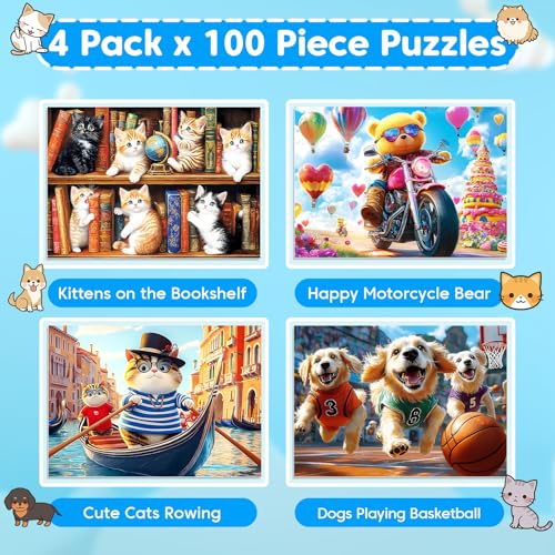 4-Pack 100 Piece Puzzles for Kids Ages 4-6 6-8 8-10 Year Old - Lovely Cats & Bear & Dogs Large Piece Jigsaw Puzzles, Kids Puzzles Learning Educational Toys Christmas Puzzle Gifts for Boys Girls - style: Lovely Cats Bear Dogs