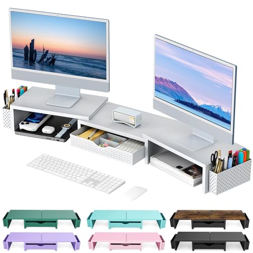 gianotter Dual Monitor Stand Riser With Drawer and 2 Pen Holders | Computer Monitor Stand Desk Organizer and Accessories Desk Shelf for Top of Desk (White) - color: White