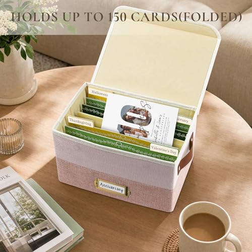 Vienrose Greeting Card Organizer Box, Foldable Storage Box with 20 Removable Dividers and 84 Self-Adhesive Labels, Card Box for Greeting Cards Photos Envelopes Stickers Postcards, Light Pink&Lotus - color: Light Pink & Lotus