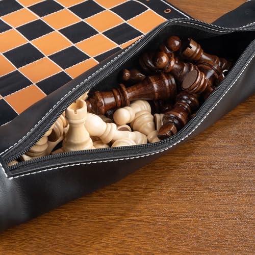 Personalized Magnetic Travel Chess Set Roll-Up Board Game, Custom Wooden Chess Set with 32 Magnetic Pieces, PU Leather Portable Chess Board for Adults, Travel & Gift for Men, Family Game Night
