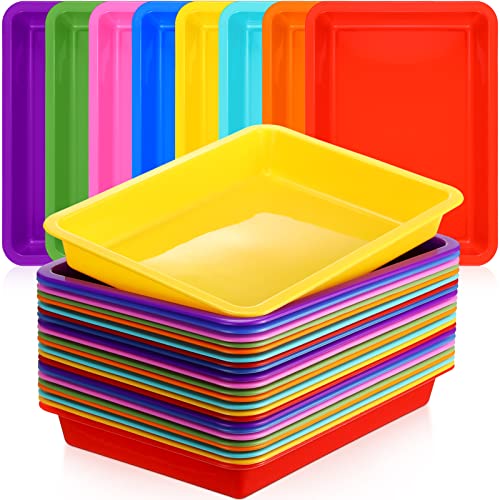 Maitys 24 Pcs Classroom Art Trays Plastic Activity Tray for Kids Craft Stackable Shallow Storage Organizer Serving for DIY School Books Home Painting Projects 9.45 x 7.1 x 1.38 Inch(Mixed Color) - color: Mixed Color