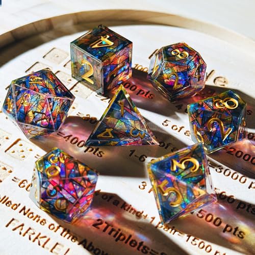 HAOMEJA Double Layered Resin Dice Set 7pcs/ Stained Glass Effect & Gold Numbers/Sharp Edged Polyhedral Dice/Apply to D&D/DND/Dungeons & Dragons/Role Playing Game/Party Gift - color: 3 Various Colors