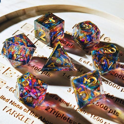 HAOMEJA Double Layered Resin Dice Set 7pcs/ Stained Glass Effect & Gold Numbers/Sharp Edged Polyhedral Dice/Apply to D&D/DND/Dungeons & Dragons/Role Playing Game/Party Gift - color: 3 Various Colors