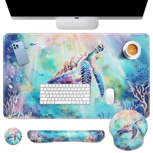 Arttown Sea Turtle Coral Reef Desk Mat Sea World Mouse Pad Set 4 in 1 Animal Ergonomic Design Large Desk Pad + Keyboard Wrist Rest + Mouse Wrist Rest + Coaster Suitable for Home Office Study Game - color: Sea Turtle