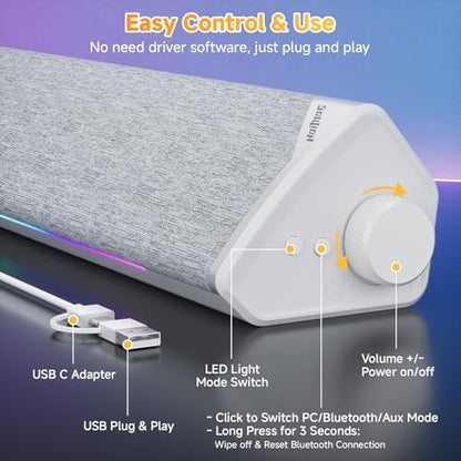SOULION USB-Powered Wired Bluetooth Computer Speakers for PC Desktop | USB Plug & Play, 5 Dynamic RGB LED Lights Modes, for Desktop, Laptop, Office, Work, Music & Gaming - color: White