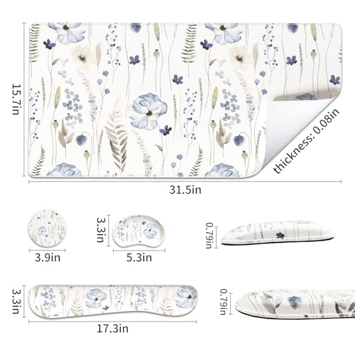 QIYI PU Leather Desk Mat Set, 4-in-1 Ergonomic Wrist Rest, Wildflowers | Waterproof Large Mouse Pad 31.5×15.7 + Keyboard Wrist Rest + Mouse Wrist Support+Coaster, Non-Slip Office Gaming Accessories - color: Watercolor Wildflowers