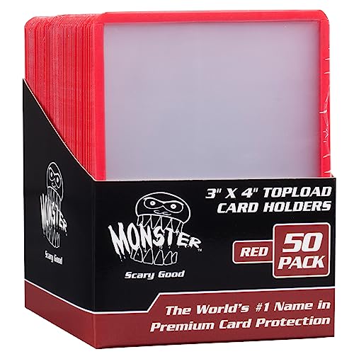 Monster Protectors Top Loaders Compatible with Pokémon & MTG Cards 50 Count Hard Plastic 3x4 Card Sleeves with Red Border for Sorting, Fits Magic The Gathering, Sports Cards & Standard TCG Cards - color: Red