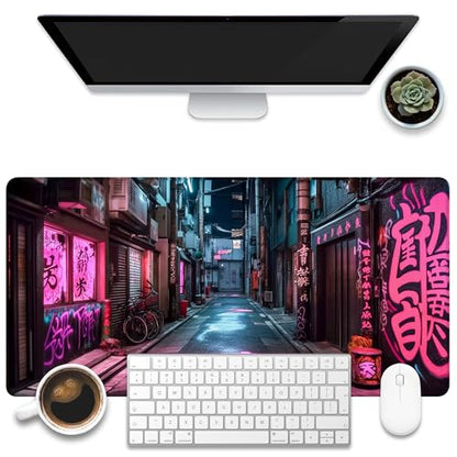 Desk Pad, Anime City Street Scene Desk Mat, Pink Neon Street Large Gaming Mouse Pad for Desk, 31.5"x15.7" Extended Big Computer Keyboard Mouse Pad with Non-Slip Base and Stitched Edge - color: Anime City Street Scene