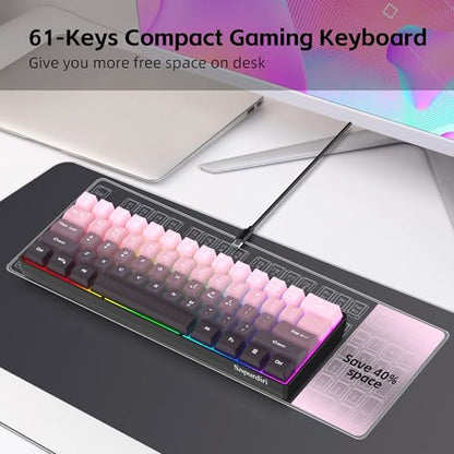 Snpurdiri 60% Wired Gaming Keyboard, Pink-Black | 61 Keys, RGB Backlit Ultra-Compact Small Gaming Keyboard for PC/Mac Gamer, Typist, Travel, Easy to Carry on Business Trip - color: Gradient Pink and Black