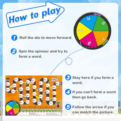 Broytain Phonics Board Games for Kids,Educational Learning CVC and CVCC Board Games for Boys and Girls,Reading and Spelling Word Games Ages 4 5 6,Classroom Travel Indoor Outdoor Family Games