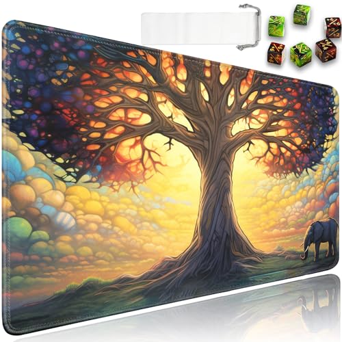 for MTG Playmat + Drawstring Travel Pouch + 6 Dice Counter, for Trading Card Game Playmats or Mouse Pad, Anti-Slip Rubber 24 x 14 in, Tree of Life and Elephants for TCG Playmat (No with Zone) - color: JV-Playmat-5-1-A8