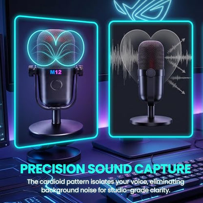 USB Microphone for PC Gaming, Condenser Mic with RGB Gradient, Noise Reduction, Round Stand Desk Podcast Mic for YouTube, Streaming, Podcasting & Recording
