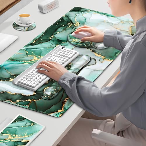 Gaming Mouse Pad, Large Desk Mat, Cute Desk Pad Protector 4in1 XXL Mousepad | Keyboard Wrist Rest+Mouse Wrist Rest+Coaster Set with Ergonomic Desk Pad for Home Office PC Computer, Green Marble - color: Green Marble