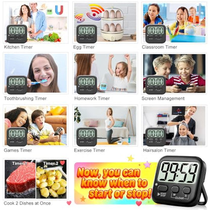 2 Pack Digital Timer for Kids Classroom Kitchen Timers for Cooking | w/ Battery, Easy to View, Alarm, Mute Mode, Count Down/Up, Magnetic, Kickstand, Hanging, Classroom Timer for Teacher Supplies - color: Rich Black *2