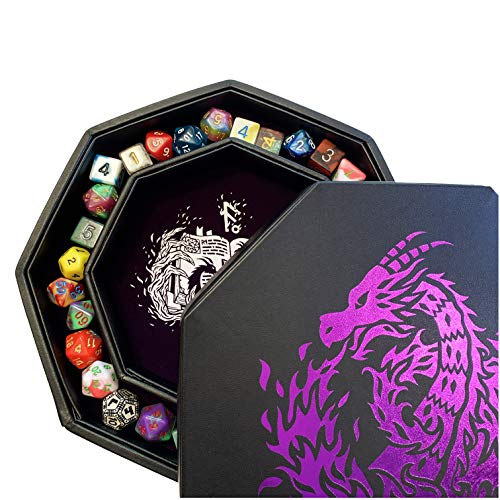 Fantasydice Purple Fire Dragon Dice Tray with Wizard Book Print – 9" Octagon with Dice Staging Area, Holds 5 Dice Sets – Perfect for D&D, Call of Cthulhu, Shadowrun, and All Tabletop RPGs - color: Purple Dragon Octagon