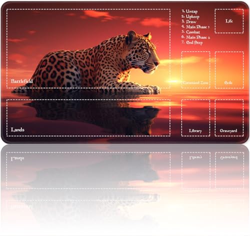 Playmat for MTG Magic Size 24x14 Inch Game Mats Tabletop Magic Play Mats,Premium Smooth Rubber Surface, Mousepad Compatible Qindaiwen for MTG RPG CCG Trading Card Game Play mats, Leopard Sunset Over - color: Leopard Sunset Over, size: playmat with zones
