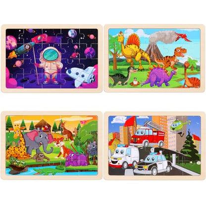 Wooden Puzzles Toys for Kids Ages 3-5, Set of 4 Packs Dinosaur, Space, Transportation Wood Puzzles, Preschool Brain Teaser Toys for Boys and Girls 3 4 5 6 Years Old - color: Mixed Styles a
