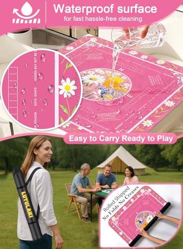 Crease-Free Mahjong Learning Mat 33.1" x 33.1", American Mah Jongg Mat with Rules, Quiet Non-Slip Large Mahjong Table Cover, Floral Gaming Mats for Mahjong, Poker, Dominoes & Board Games (Rose Pink) - color: Rose Pink