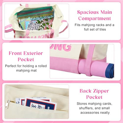 Abbylike 28x9 Inches Mahjong Bag for Rolled Mat Tiles Racks Pushers Accessories Empty Mahjong Tote Bag with Zipper Closure Outer Pockets Lining Large Capacity(Beige&Light Pink,Canvas) - color: Beige&light Pink