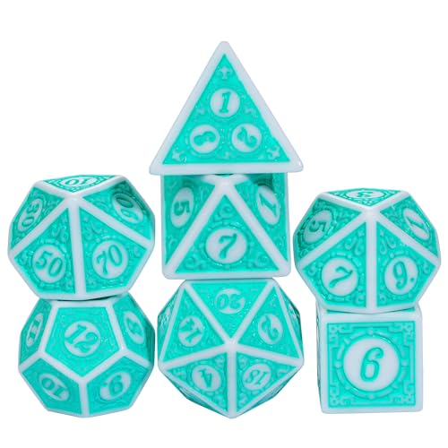 7PCs DND Dice Set, Unique Window Lattice Pattern D&D Dice Set with Leather Dice Bag, Polyhedral Dice for RPG, Table Games (Cyan/White) - color: Cyan With White Edge