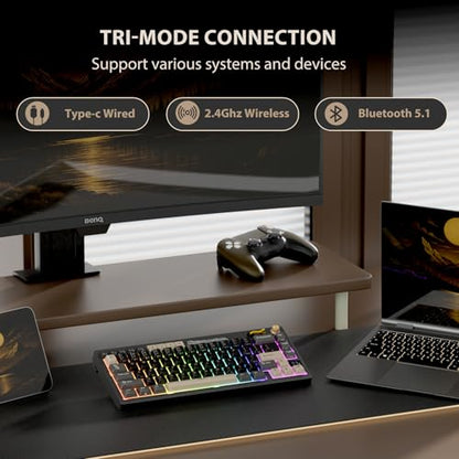 RK ROYAL KLUDGE M65 Wireless Gaming Keyboard with Volume Knob, 60% Hot Swappable Mechanical Keyboard 2.4G/BT/USB-C, Gasket Mount, Battery Display, PBT Keycaps, Hot-Swappable Cream Switch, Black - color: black, size: cream switch