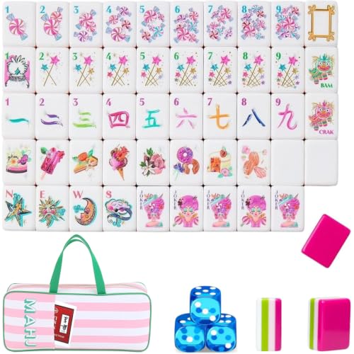 4 Layer Mahjong Tiles, 2026 Premium 160 Pcs Acrylic American Mahjong Tiles Set with Dice, Engraved Four Layer Mahjong Tile with Exquisite Carrying Bag, Home Trips Social Game (Candy Carnival) - color: Candy Carnival