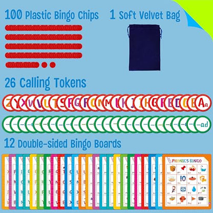 Alphabet & Phonics Bingo Game, 12 Bingo Boards ABC Letters, CVC Blends Words Phonetic Game, Letters Phonetic Awareness Early Educational Learning Toys - Ages 4 and up, Perfect for Classroom & At Home - style: Alphabet & Phonics Bingo Game
