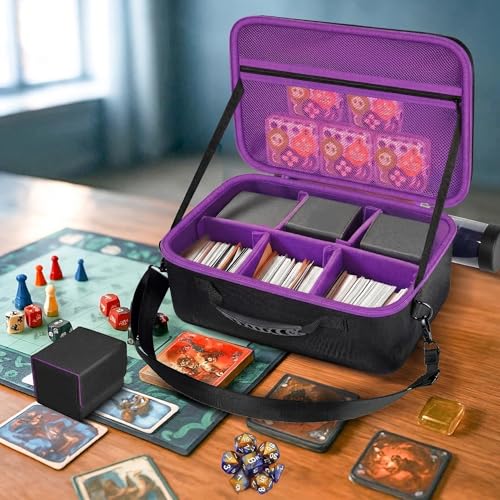 casmilee Deck Box Carrying Case for MTG/TCG Cards with Playmat Straps | 6 Adjustable Dividers, Mesh Pocket, Shoulder Strap, Holds Deck Boxes, Dice and Playmat, Case Only - color: Purple
