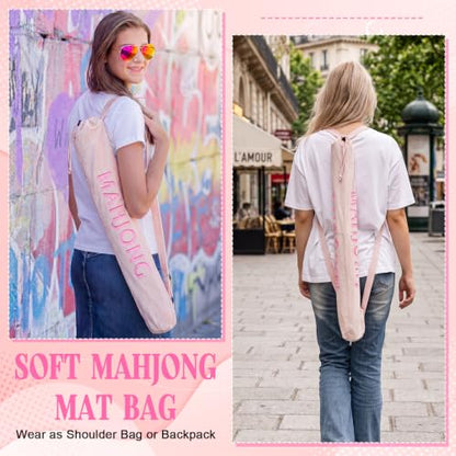 35 Inch Long Velvet Mahjong Mat Bag Cute Double Strapped Drawstring Mahjong Mat Holder Lightweight Carrying Bag for Board Games Outdoor Travel Storage-Mat Not Include(Pink,1 Pc) - color: Pink