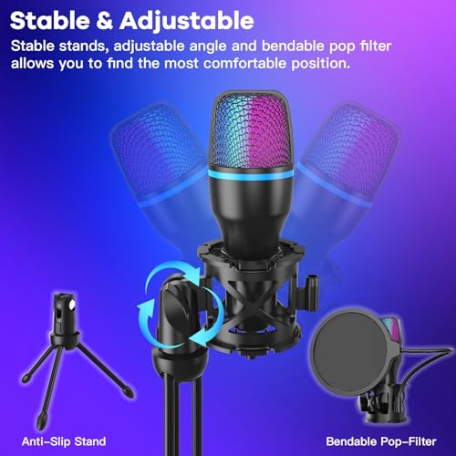 USB PC Condenser Microphone, RGB Light with Tripod & Accessories for Compatible with PS4/5 PC Podcast Streaming