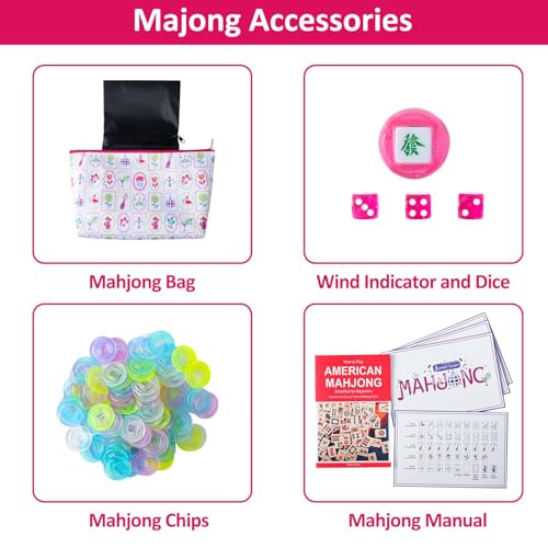 160 Engraved American Mahjong Tiles Set with Carrying Bag and Accessories, 1.2’’ Mahjong Tile Set - color: Magenta