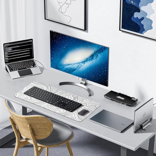 Large Gaming Mouse Pad, White Topographic Mousepad Desk Mat for Gaming Office, Long XL Mouse Pads Keyboard Pad Desk Pad for Computer Laptop 31.5''x11.8''