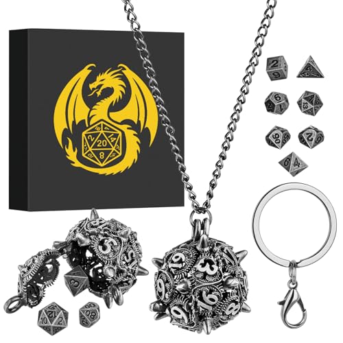 Mini DND Dice Set with D20 Spike Metal Cage Portable Keychain Necklace, Tiny 7pcs Polyhedral D&D Dice Set, DND Gifts with Gift Box, D&D Accessories for RPG, Dark Silver - color: Dark Silver